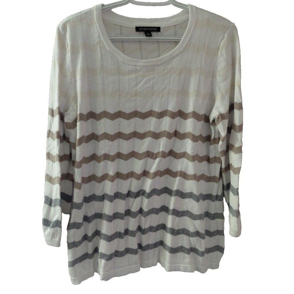 41 Hawthorn Sweater Womens XL White Beige Gray Chevron Knit Pullover 3/4 Sleeve